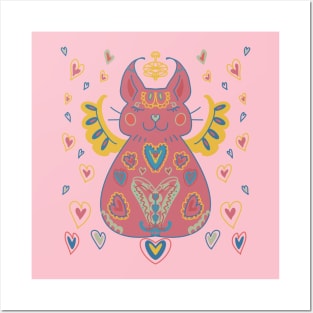 Cute Kawaii Pink Cat Angel and Hearts Posters and Art